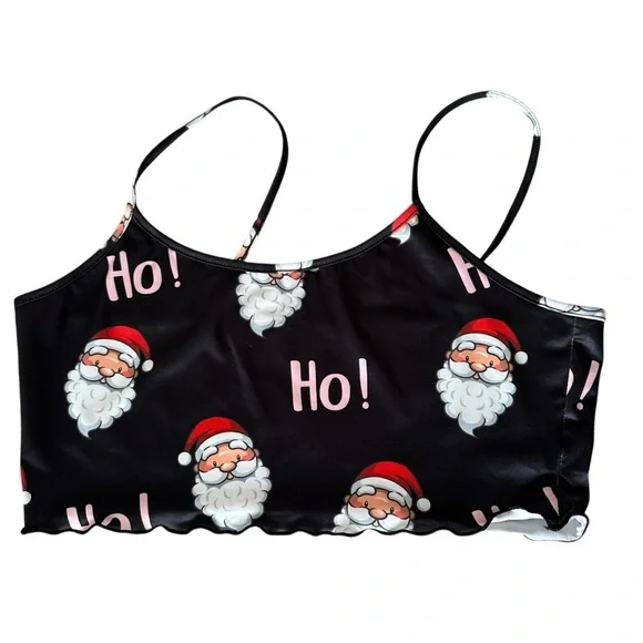 Women’s Christmas Santa Pajama Sleep Short Set Black Satin Size Large - Picture 2 of 6